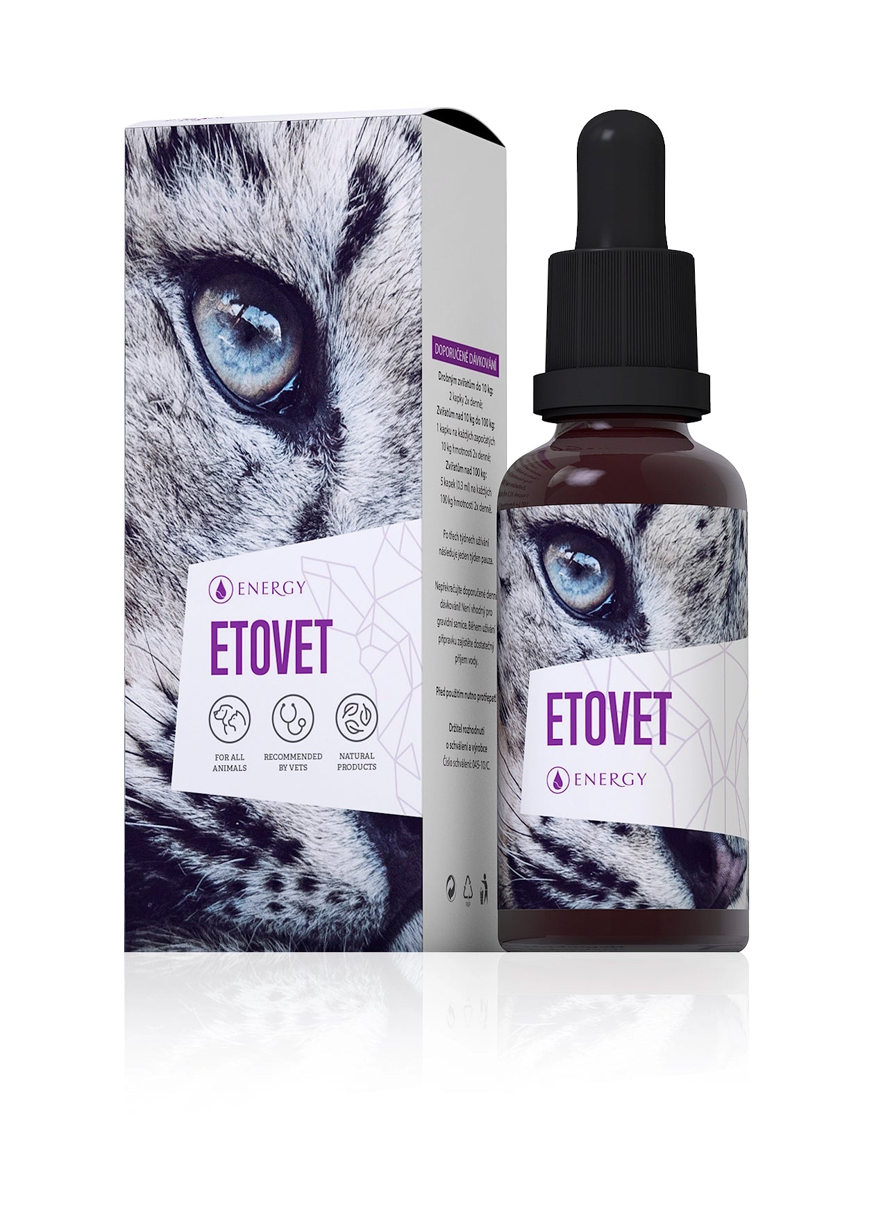 A product packaging box and a bottle with a dropper for pets, featuring a close-up image of an cat's eye and the product name 'ETOVET'.